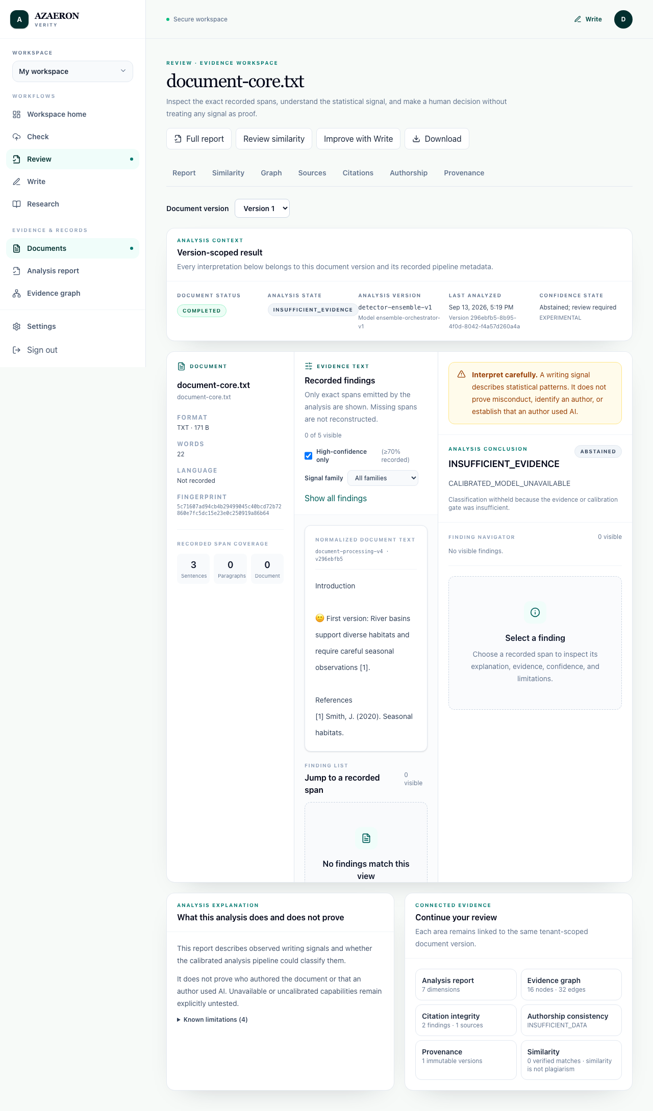 Verity local review workspace showing a version-scoped result and an explicit insufficient-evidence state